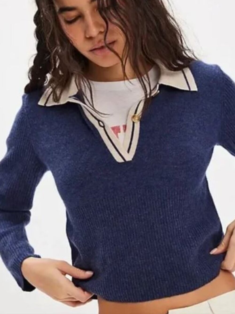 NEW Free People Rudy Cashmere Pullover - Women M - Blue/Tan